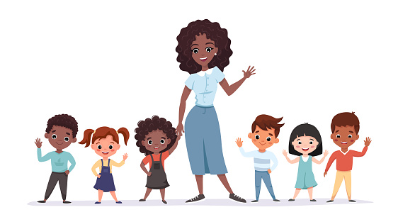 Cute Afro American teacher standing with pupils kids smiling and waving. Elementary school classmates portrait with the teacher Back to school concept.
