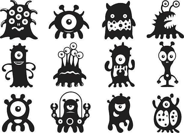 Cute aliens and monsters 12 cute little aliens and monsters on a white background eye silhouettes stock illustrations
