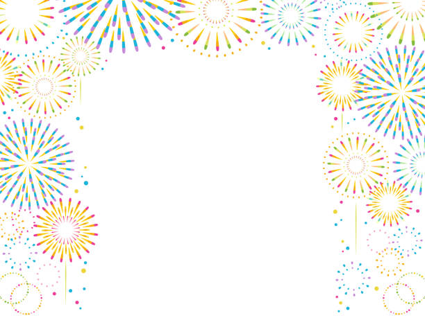 ilustraciones, imágenes clip art, dibujos animados e iconos de stock de un marco de cielo lindo y simple con colores refrescantes y brillantes que eleva los fuegos artificiales. - fireworks background