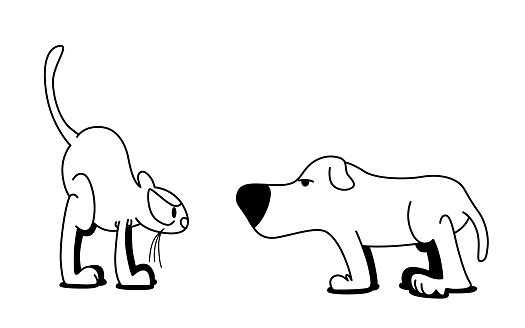 Cute angry and confronting cat and dog. Funny cartoon style illustration.