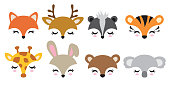 Vector illustration set of cute animal faces including fox, deer, skunk, tiger, giraffe, rabbit, bear and koala.