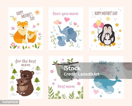 istock Cute animal mother day. Mothers and animals babies, mommy holiday postcards template. Neoteric cute wild cartoon children hug mom vector print 1401691618