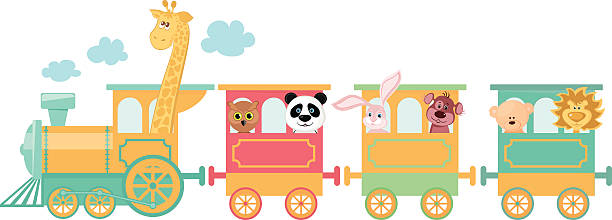 cute animal on train - teddy ray stock illustrations