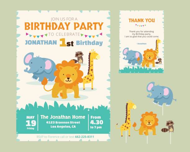 Cute Animal Theme Birthday Party Invitation And Thank You Card Illustration Template Birthday Party Invitation and thank you card template for children. thank you kids stock illustrations