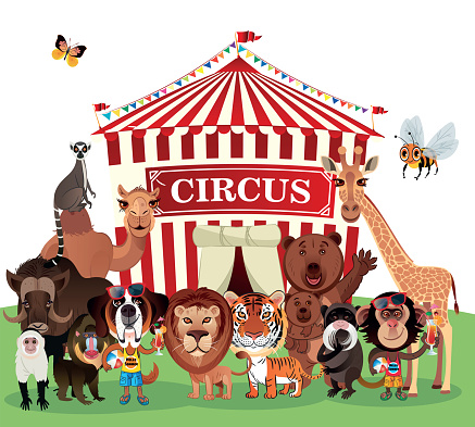 Cute animals and circus tent