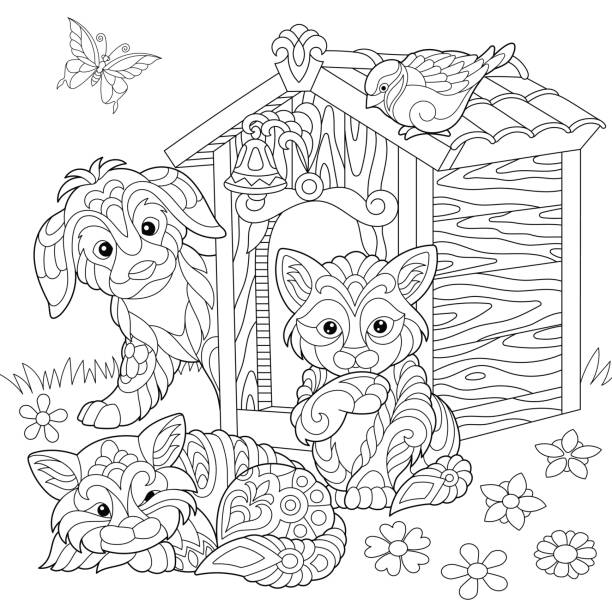 Cute animals around doghouse Dog, two cats, sparrow bird and butterfly. Freehand sketch for adult coloring book page. cute cat coloring pages stock illustrations