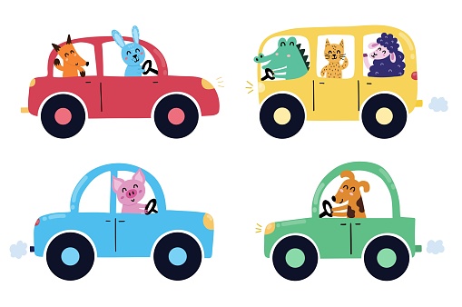 Cute animals driving in cars clipart set