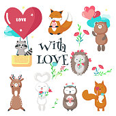 Cute animals in love vector illustration isolated on white background. Happy fox, bear, owl, raccoon, squirrel, deer, hedgehog and hare holding hearts, cake, balloons and flowers.