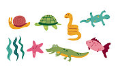 Cute animals. Simple cartoon crocodile, snake, snail, starfish, lizard, turtle. Baby childish tropic animal. Vector set illustration isolated ob white.