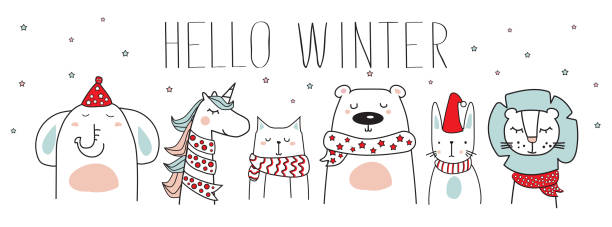 stockillustraties, clipart, cartoons en iconen met schattige dieren met winter sjaals, hoeden en hello winter tekst, vector illustratie - christmas cat