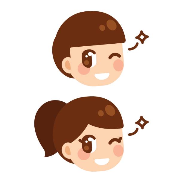 Cute anime children Cute anime children winking, boy and girl character face. Manga style cartoon illustration. drawing of a cute little anime boy stock illustrations