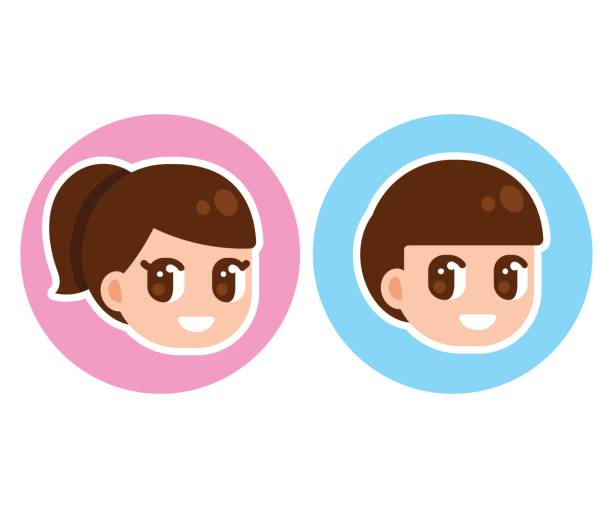 Cute anime children Cute anime children face in circle, boy and girl character set. Manga style cartoon illustration. Gender selection for game or website. drawing of a cute little anime boy stock illustrations