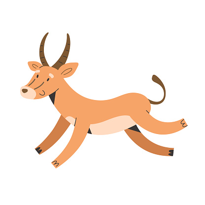 Cute antelope smiling and jumping, wild african animal and facial expression, isolated vector illustration