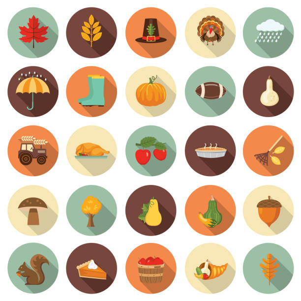 Cute Autumn Icon Set Flat Design Style Autumn Icon Set autumn icons stock illustrations