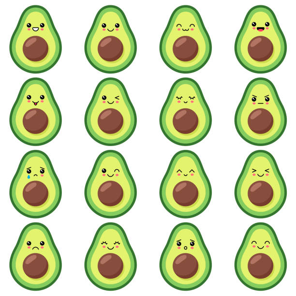 cute avocado set with different emotions cute avocado set with different emotions half happy half sad stock illustrations