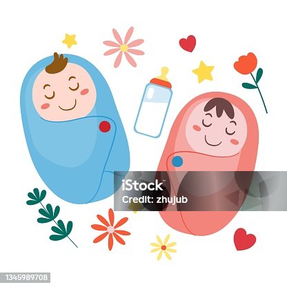 istock Cute Baby Boy and Baby Girl with Happy Face and Flowers, Vector, Illustration 1345989708