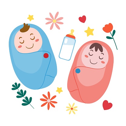 Cute Baby Boy and Baby Girl with Happy Face and Flowers, Vector, Illustration