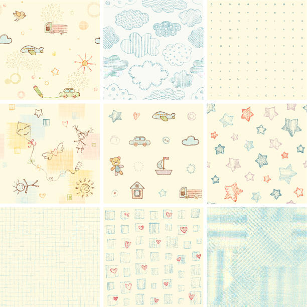 Cute Baby Boy Seamless Set Vector baby boy seamless set. Based on an pencil drawing. AI CS5, EPS 10 and JPG. child patterns stock illustrations
