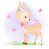 Cute baby deer with bird and butterfly hand drawn animal illustration watercolor