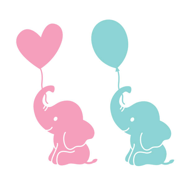 Cute Baby Elephant Holding Balloons Silhouette Cute baby elephants holding heart shape and oval balloons silhouette vector illustration. balloon silhouettes stock illustrations