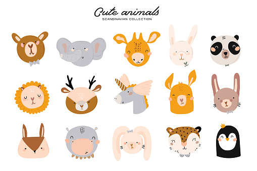 Cute baby shower in scandinavian style including trendy quotes and cool animal decorative hand drawn elements.