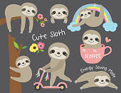 Vector illustration of cute baby sloth in various activities such as sleeping, riding bike, climbing and hanging from a tree.