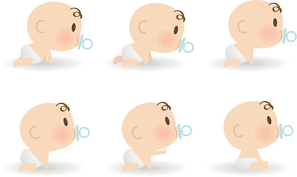 stockillustraties, clipart, cartoons en iconen met cute baby sucking on pacifier, crawling and sitting - manga boy action