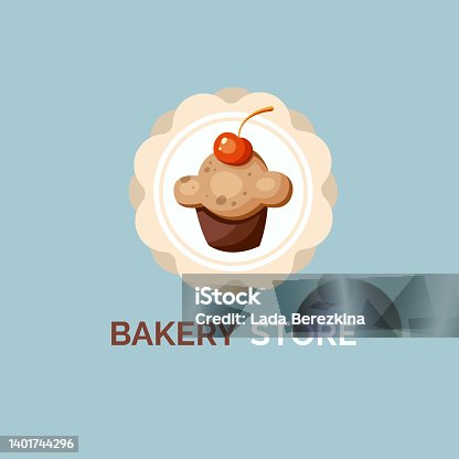 istock Cute bakery store logo in vintage style with cupcake. 1401744296