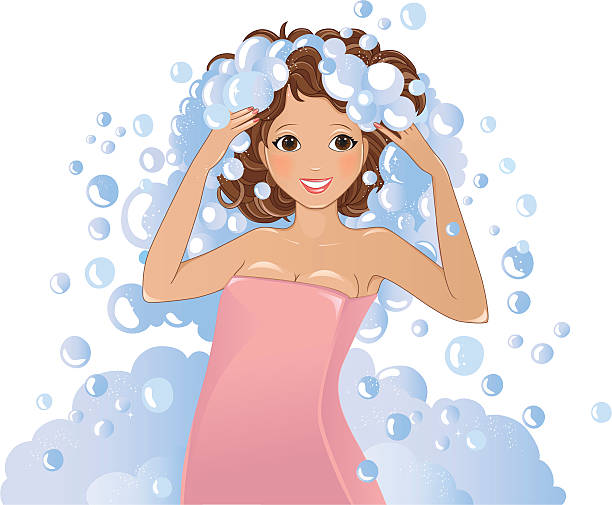 stockillustraties, clipart, cartoons en iconen met cute bathing girl in bubbles - woman washing hair