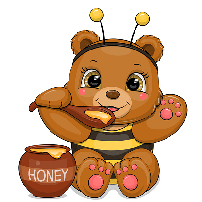 Cute bear in bee costume eats honey.