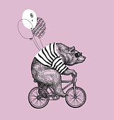 Cute bear wearing cool galssess riding bicycle. Bear with the balloon. T-shirt print design. Circus show illustration. T-shirt graphics, fashion print design.