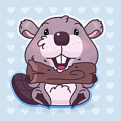 Cute beaver kawaii cartoon vector character sticker. Adorable, happy and funny animal biting wood log. Anime baby boy beaver eating tree branch