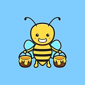 Cute bee holding jar of honey cartoon icon illustration. Design isolated flat cartoon style