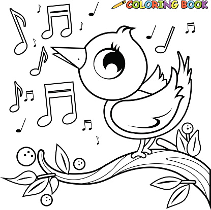 Cute Bird On Branch Singing Coloring Book Page Stock Illustration