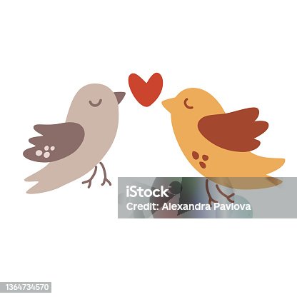 istock Cute birds with hearts. Lovebirds. For postcards, printing, Valentine's Day, invitations and wedding. Animals Characters. Vector cartoon illustration. 1364734570