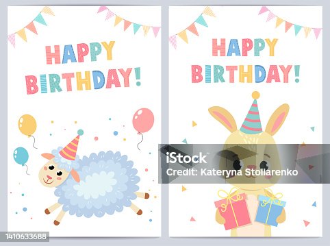 istock Cute birthday cards for kids with funny animals. 1410633688