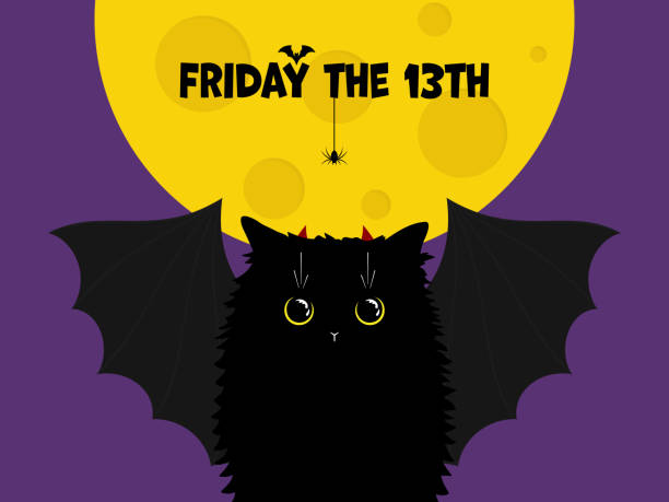 Cute black cat with bat wings on the night background with the Moon and text with spider and bat. Friday the 13th minimal flat illustration. Adorable cartoon cat with yellow eyes. Vector Illustration. Cute black cat with bat wings on the night background with the Moon and text with spider and bat. Friday the 13th minimal flat illustration. Adorable cartoon cat with yellow eyes. Vector Illustration. friday the 13th stock illustrations