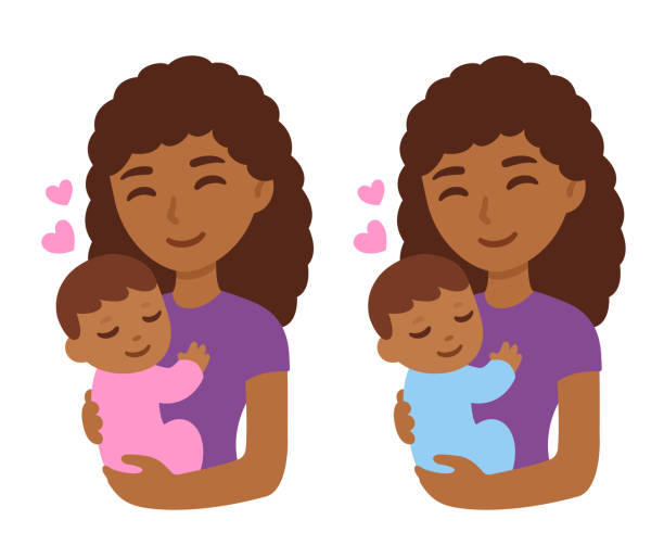 Cute black mother with baby Cute cartoon black mother with baby boy and girl. Dark skinned young woman holding child. Isolated vector illustration. african american mothers day stock illustrations
