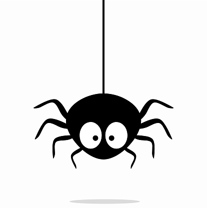 Cute black spider hangs on a spider web isolated on white background. Vector illustration EPS 10