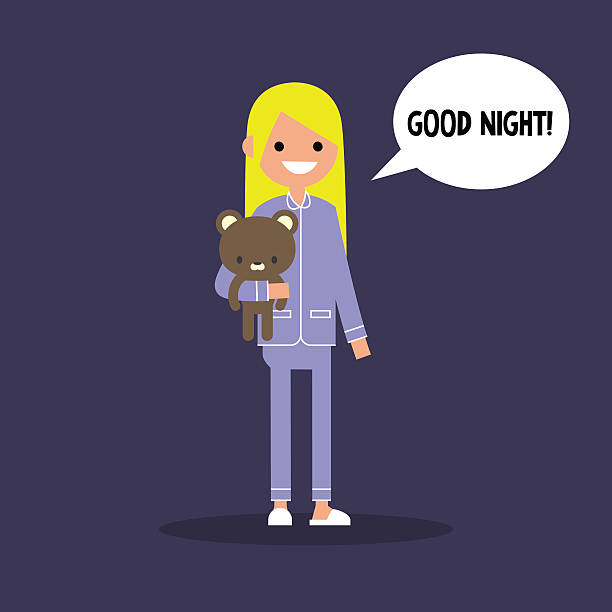 Cute blond girl in pajamas saying "Good night!" flat editable vector illustration, clip art sleeping clipart stock illustrations