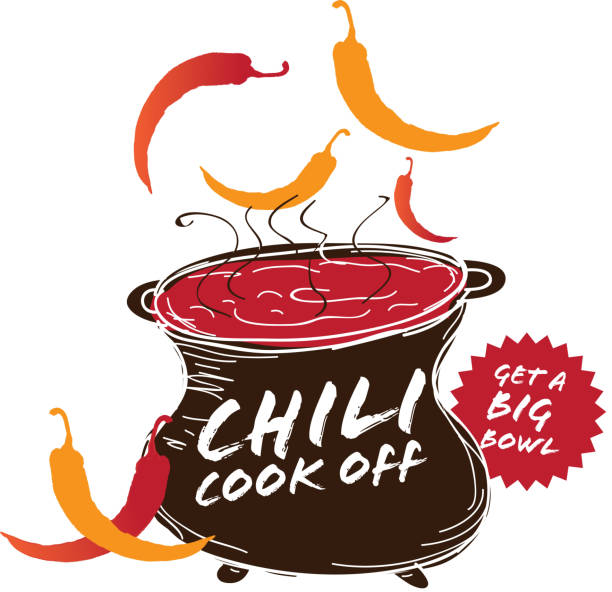 Cute blue Chili pot cookoff event   icon design Vector illustration of a Chili Cookoff logo or icon design template. Brown, red and orange. Includes red, orange,black and white color themes with large crock pot with chilis. White background Perfect for white background design for picnic invitation design template, summer barbecue event, picnic celebration, backyard bbq, private or corporate party, birthday party, fun family event gathering, potluck supper. cooking competition stock illustrations