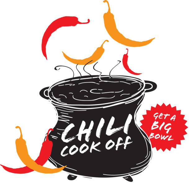 Cute blue Chili pot cookoff event   icon design Vector illustration of a Chili Cookoff logo or icon design template. Black, red and white. Includes red, black and white color themes with large crock pot with chilis. White background Perfect for white background design for picnic invitation design template, summer barbecue event, picnic celebration, backyard bbq, private or corporate party, birthday party, fun family event gathering, potluck supper. cooking competition stock illustrations