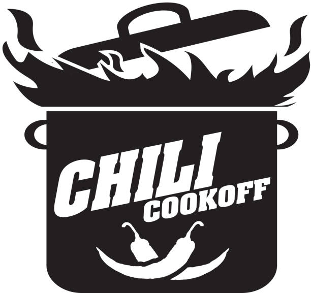 Cute blue Chili pot cookoff event   icon design Vector illustration of a Chili Cookoff logo or icon design template. Black and white. Includes black and  white color themes with large crock pot on flames. White background Perfect for white background design for picnic invitation design template, summer barbecue event, picnic celebration, backyard bbq, private or corporate party, birthday party, fun family event gathering, potluck supper. cooking competition stock illustrations