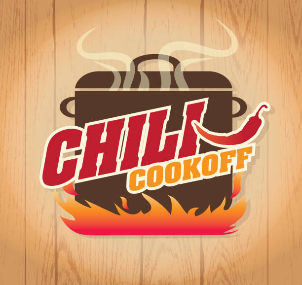 Cute blue Chili pot cookoff event   icon design Vector illustration of a Chili Cookoff logo or icon design template. Bright and colorful. Includes red, brown and orange color themes with large crock pot on flames. Wooden background Perfect for white background design for picnic invitation design template, summer barbecue event, picnic celebration, backyard bbq, private or corporate party, birthday party, fun family event gathering, potluck supper. cooking competition stock illustrations