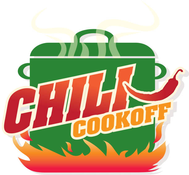 Cute blue Chili pot cookoff event   icon design Vector illustration of a green Chili Cookoff logo or icon design template. Bright and colorful. Includes red, blue and orange color themes with large crock pot on flames. White background Perfect for white background design for picnic invitation design template, summer barbecue event, picnic celebration, backyard bbq, private or corporate party, birthday party, fun family event gathering, potluck supper. cooking competition stock illustrations