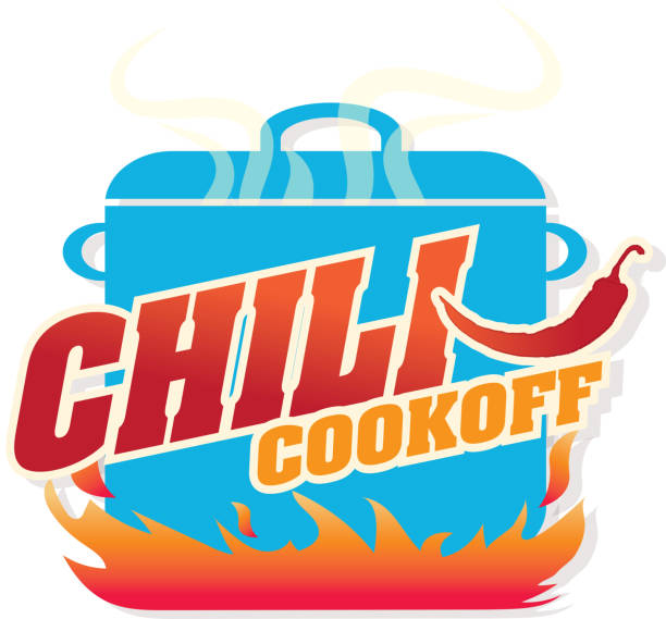 Cute blue Chili pot cookoff event   icon design Vector illustration of a Chili Cookoff logo or icon design template. Bright and colorful. Includes red, blue and orange color themes with large crock pot on flames. White background, Perfect for white background design for picnic invitation design template, summer barbecue event, picnic celebration, backyard bbq, private or corporate party, birthday party, fun family event gathering, potluck supper. cooking competition stock illustrations