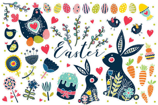 Cute boho Easter set. Hen hen, chickens, rabbits, flowers. Easter cake, eggs. Linear illustration. easter sunday stock illustrations