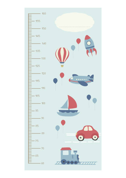 Cute boy height chart metric system Air balloons, rocket, airplane, boat, car train. Blue icons. Travel, adventure. Cartoon children illustration. tall boy stock illustrations