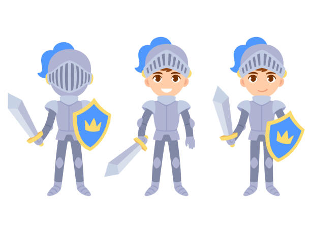 Cute boy knight set Cute cartoon boy in medieval knight costume. Kid in body armor with sword and shield. Isolated vector clip art illustration set. armored clothing stock illustrations
