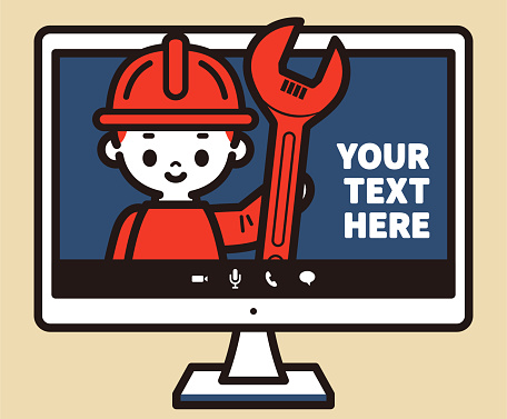 Cute boy on a computer monitor wearing a helmet and holding a big wrench